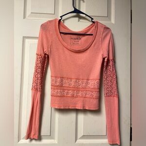 We the Free Coral Distressed Crochet Long Sleeve